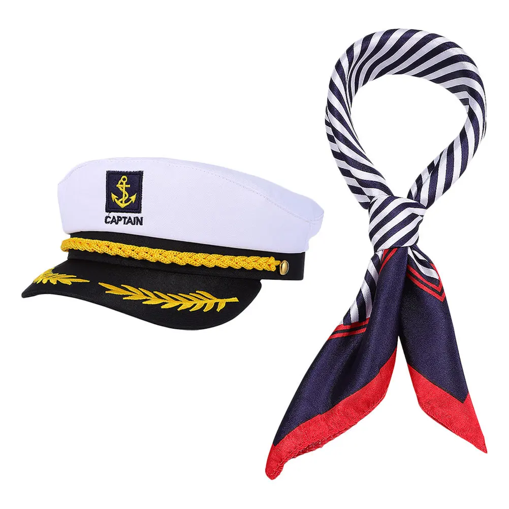 1 Juego de sombrero de capitán, sombrero de marinero y bufanda, diseño náutico clásico para hombres y mujeres, accesorios de disfraz