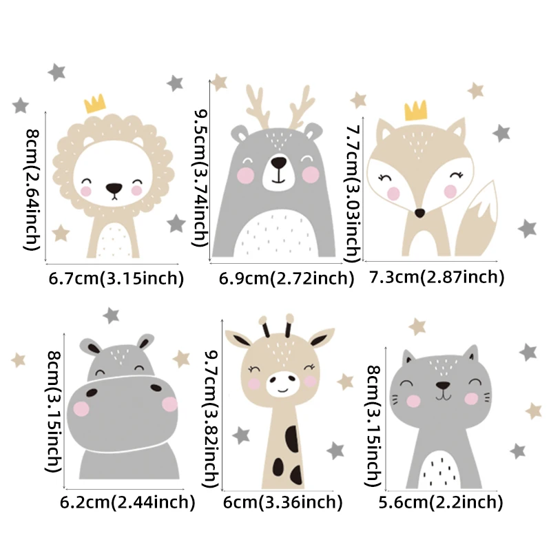 6pcs/set baby room decoration Cute Smile Cartoon Animals wall Stickers for Kids Room Nursery Room Wall Decals Stars Home Decor