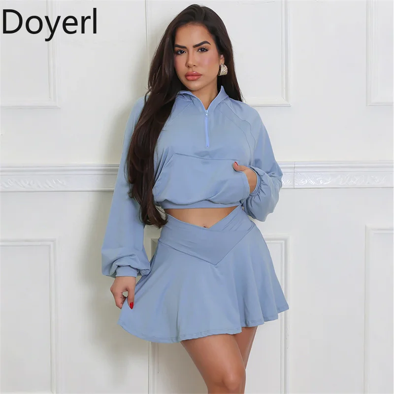 

Doyerl Skirt 2 Piece Set Woman Sporty Fitness Workout Long Sleeve Zipper Hooded Crop Top and Mini Skirts Matching Sets Outfits