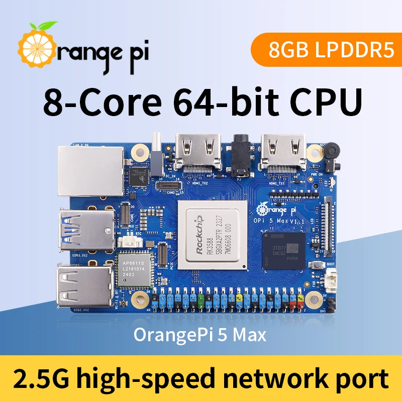 Orange Pi 5 Max 8GB RAM LPDDR5 Rockchip RK3588 Development Board M.2 PCIE 2.5G LAN WiFi+BT OrangePi 5 MAX Single Board Computer