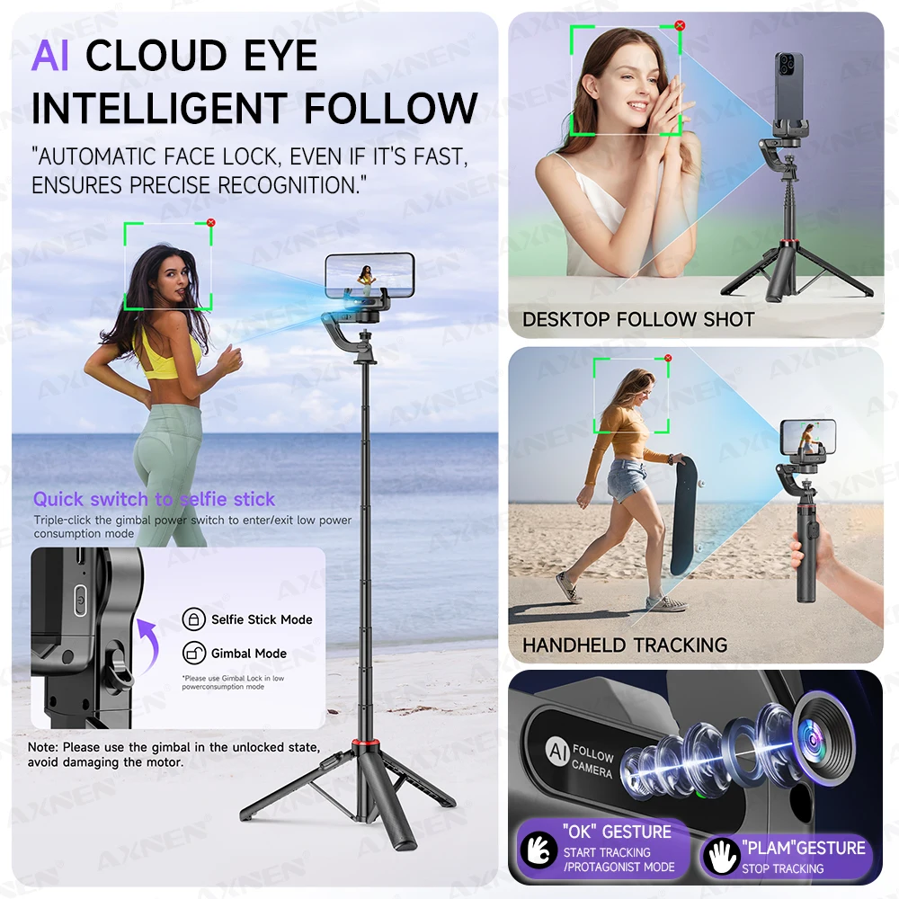 Desktop Gimbal AI Tracking Handheld Stabilizer C22 Selfie Stick Tripod for Cell Phones Record Video/Vlog, Optional Fill Light