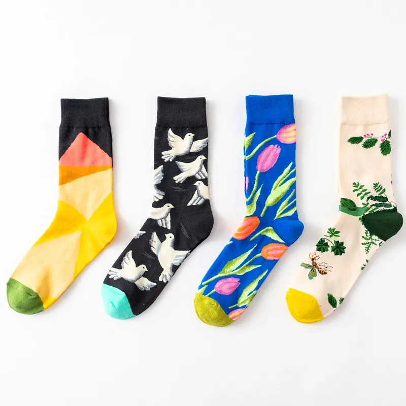 Hot Sales Women Socks Unisex Harajuku Creative Flower And Bird Sketch Print Cotton Socks Breathable Casual Male Funny Socks