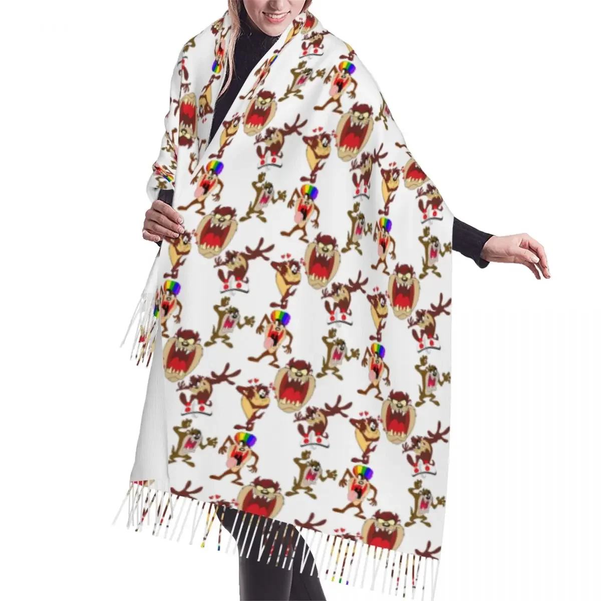 Funny  Tasmanians Cartoon Fashion Versatile Female Tassel Scarf Women Soft Taz Devil Comic Shawl Wrap Lady Winter Scarves