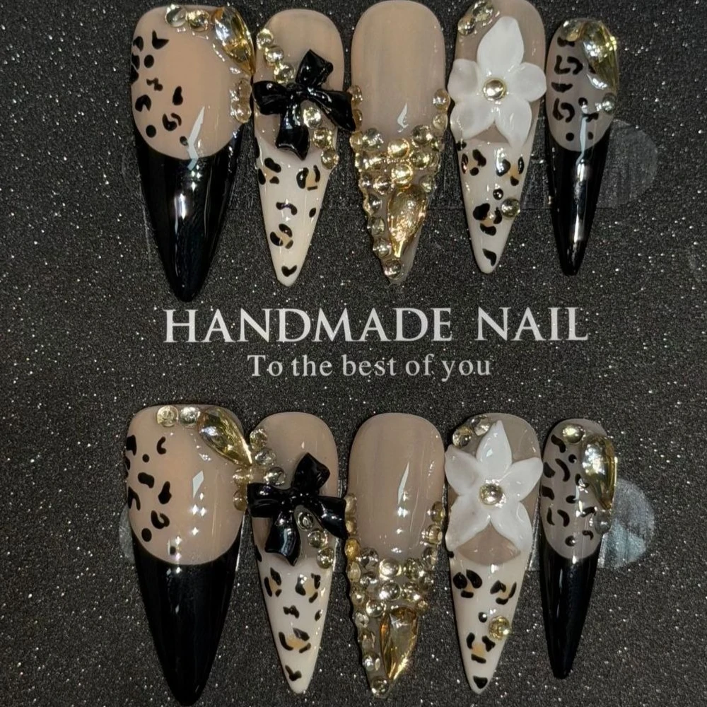 10Pcs Leopard Print French Stiletto Handmade Press on Nails Spicy Girls False Nails 3D Flower Bow Fake Nail 네일팁 Накладные Ногти