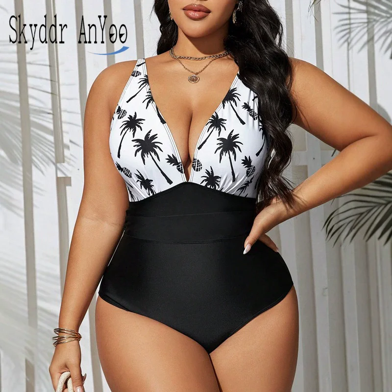 Plus Size One Piece Swimsuit Women 2025 Printed V-neck Beachwear Tummy Control Bathing Suit Monokini