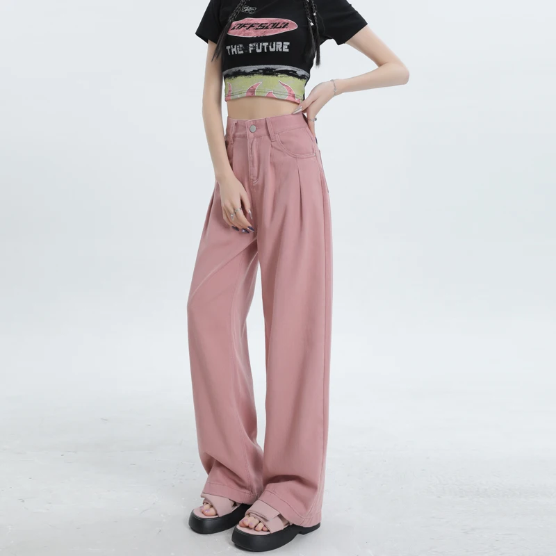 Shascullfites Dirty Pink High Waist Wide Leg Jeans Women Spring 2024 New Loose Straight Pleated Design Mopping Pants