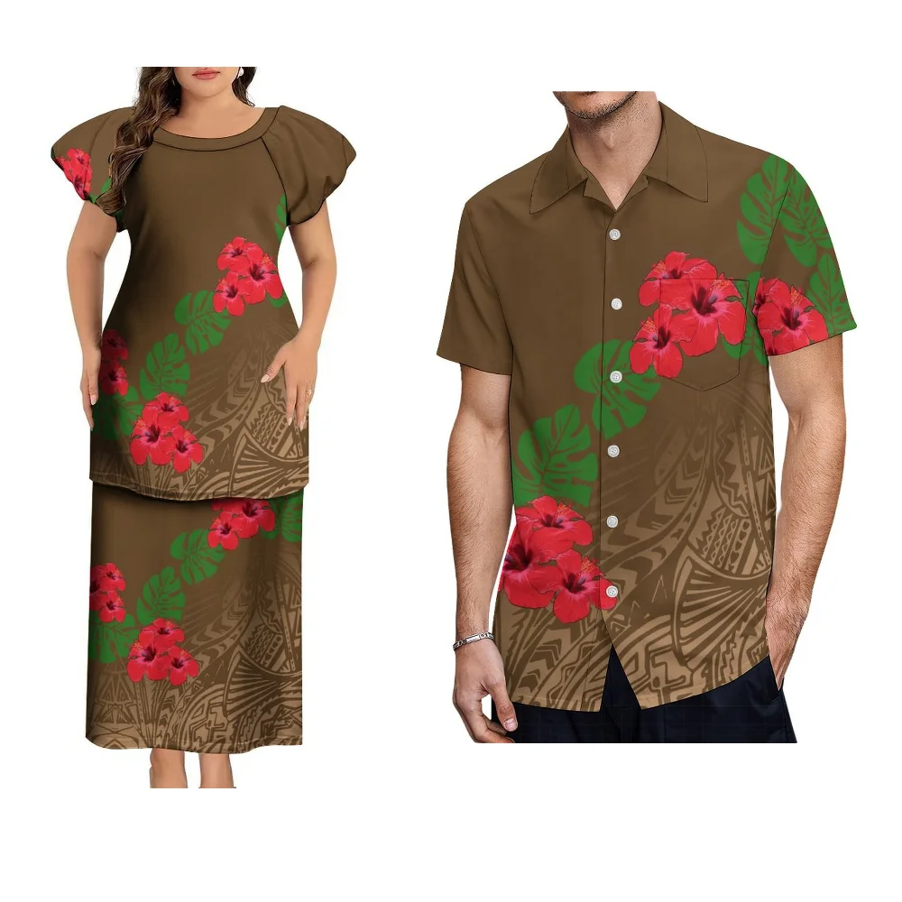 Ronde hals Polynesische Pletasi paar dubbellaags pak avondjurk aangepaste dames avondjurk Samoaanse paar pak heren shirt
