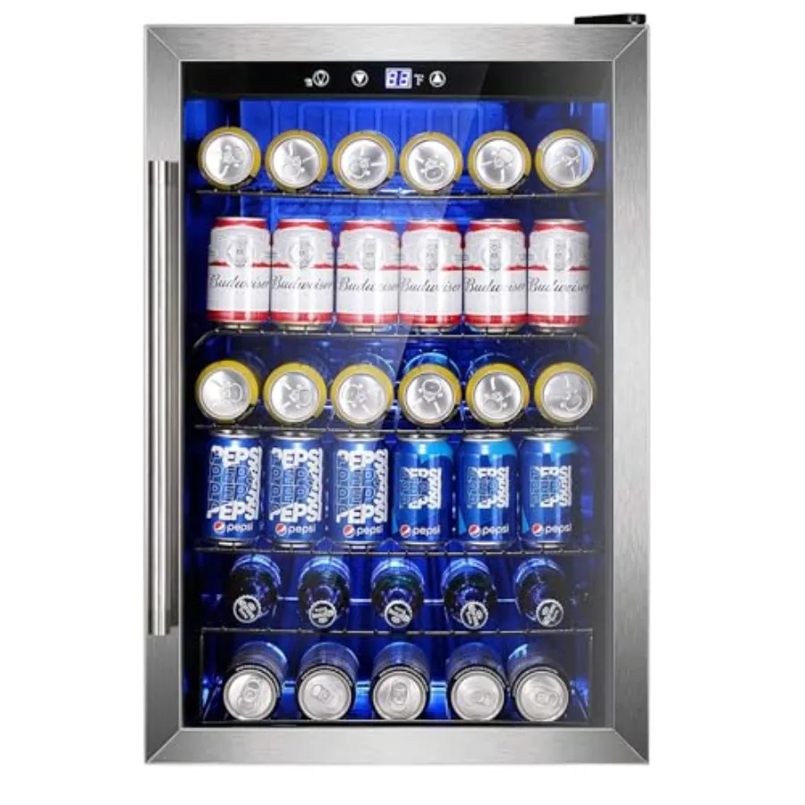 Wine Cooler 37 Bottle Freestanding Fridge with Stainless Steel Reversible Glass Door 145 Can Beverage Refrigerator Quiet Compre