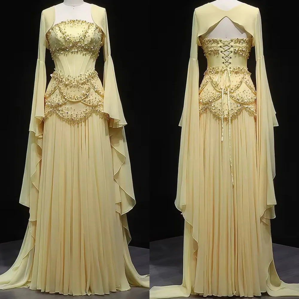 

Customized Delicate Yellow Chiffon Evening Dress Simple Square Collar Long Sleeves Zipper Back Beading Sequined Homecoming Dress