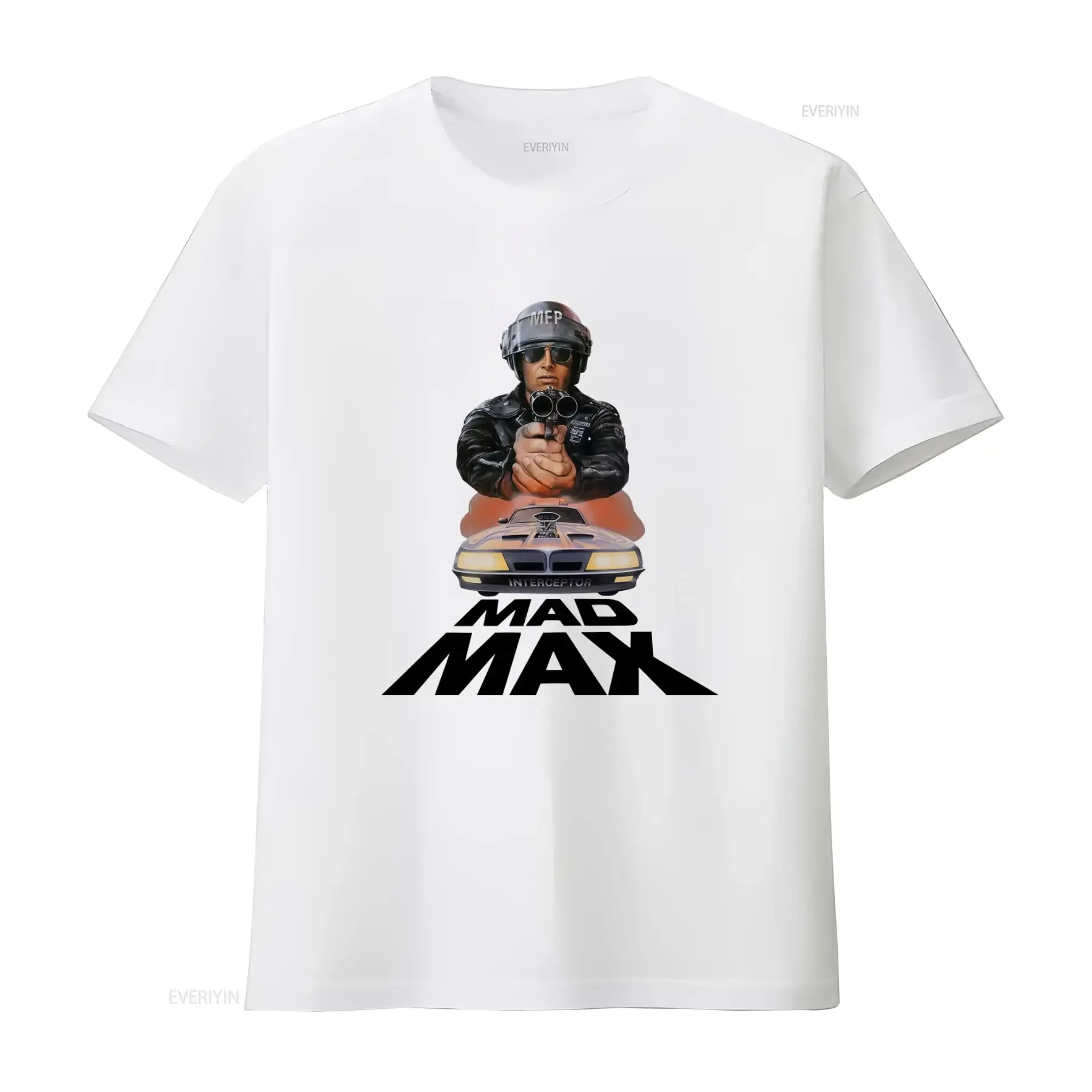 Mad Max Action Movie 79 Cult Film Funny T Shirt MFP Helmeted Character Aiming Gun with Interceptor Car Print vintage Washed