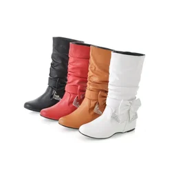 Sexy Fashion Women boots Spring Autumn Bowtie Charms Flats Boots Shoes Woman Mid-calf red black White Shoes Boots Large Size