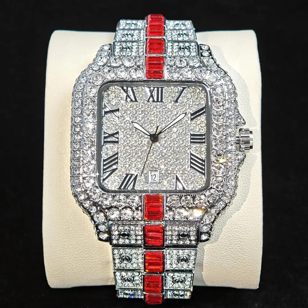 

Luxury Red Diamond Watches Men Brand UNIGUET Hip Hop Iced Bling Jewelry Wristwatch Man Fashion Waterproof Square Quartz Clocks