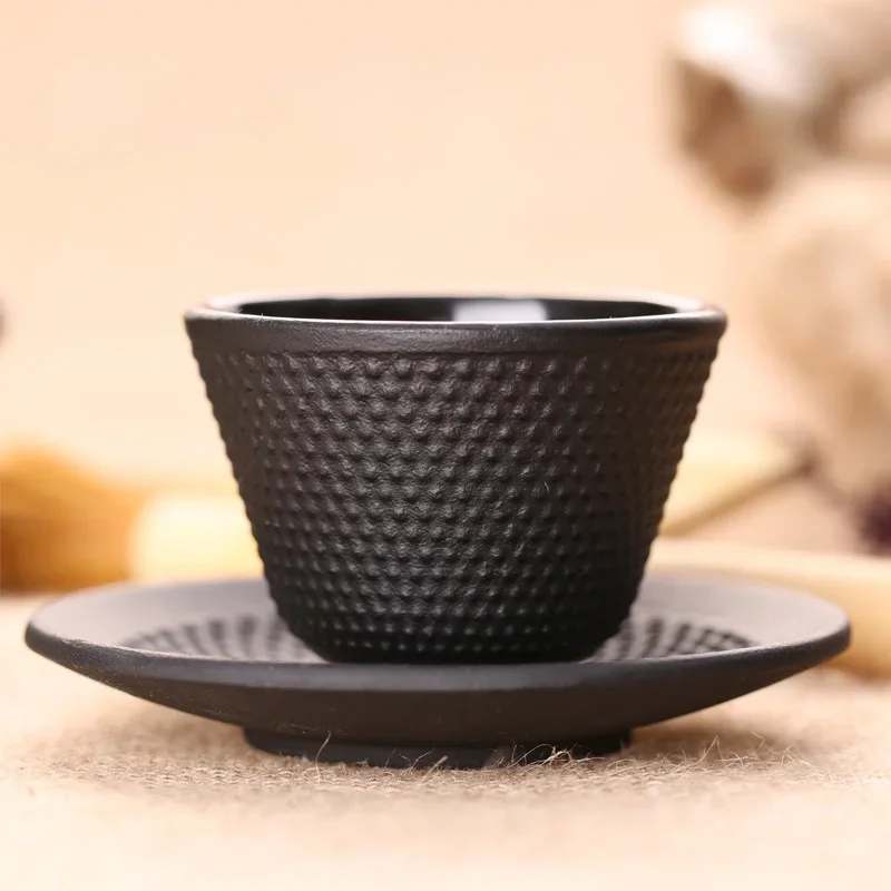 Japanese Style Cast Iron Tea Cup and Saucer Set, Heavy Duty Castiron Teacup, Metal Coasters, Espresso Coffee Cup, Drinkware