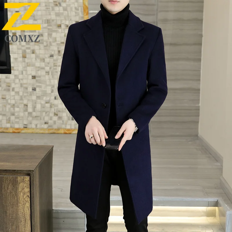 COMXZ سترات شتوية طويلة 2025 رجل الشارع البريطانية سميكة معطف من قماش الكشمير رجل الأعمال الترفيه كلينفيت الصوف يمزج معاطف خندق