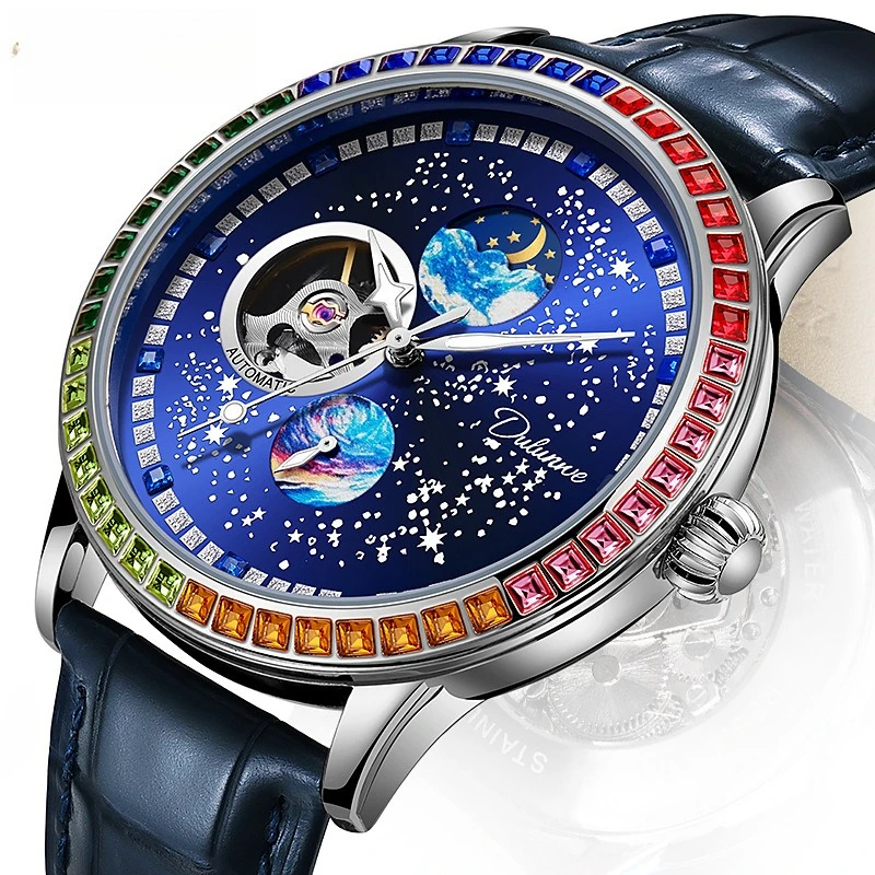 Stainless Steel Wandering Planet Series Skeleton Moonphase Luminous Waterproof Self-Wind Automatic Watch for Men