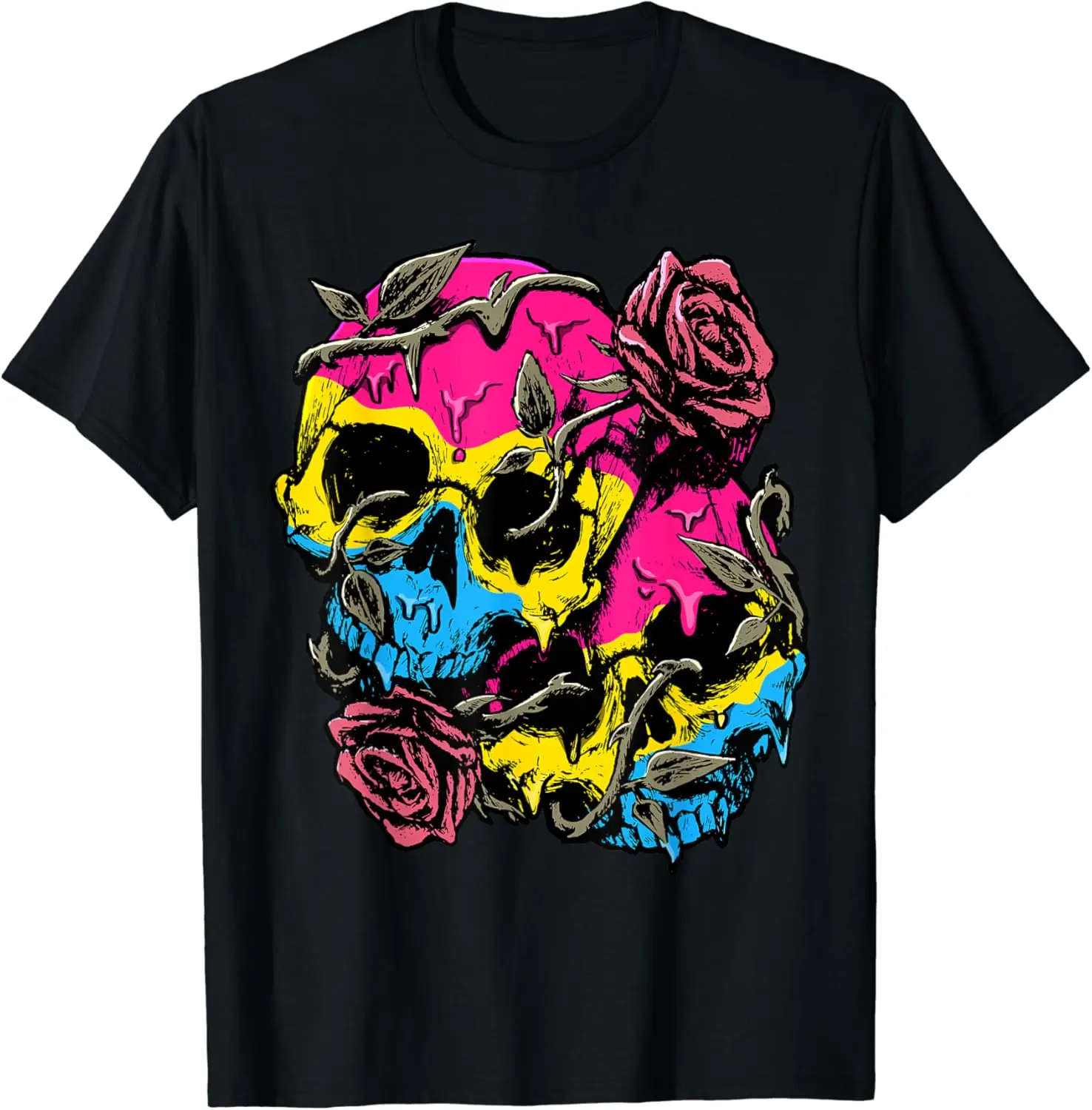 Pansexual Pride Pan Flag Skull Roses Subtle LGBTQ T-Shirt