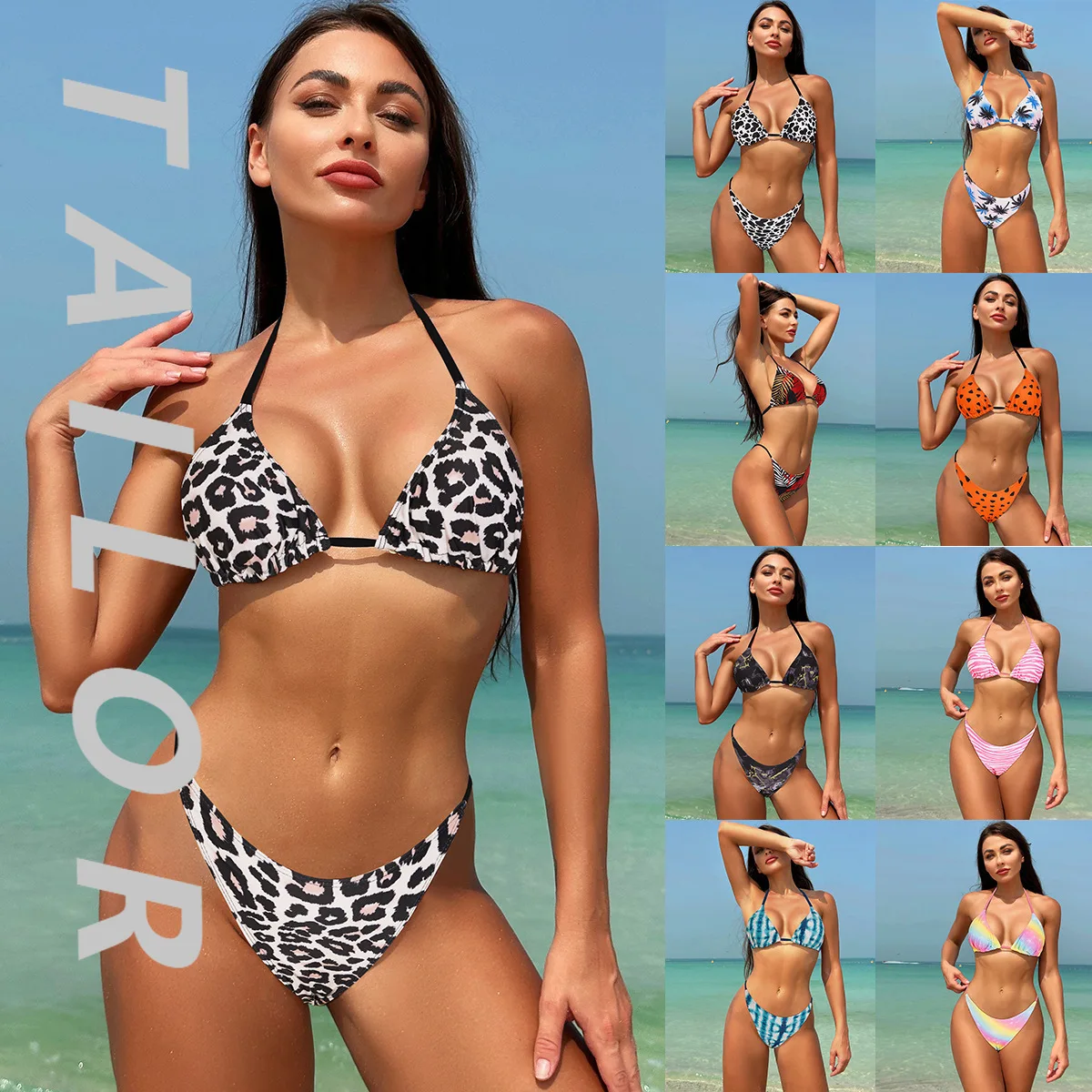 

2025 new swimsuit female leopard print floral sexy three-point halter bikini swimsuit spot