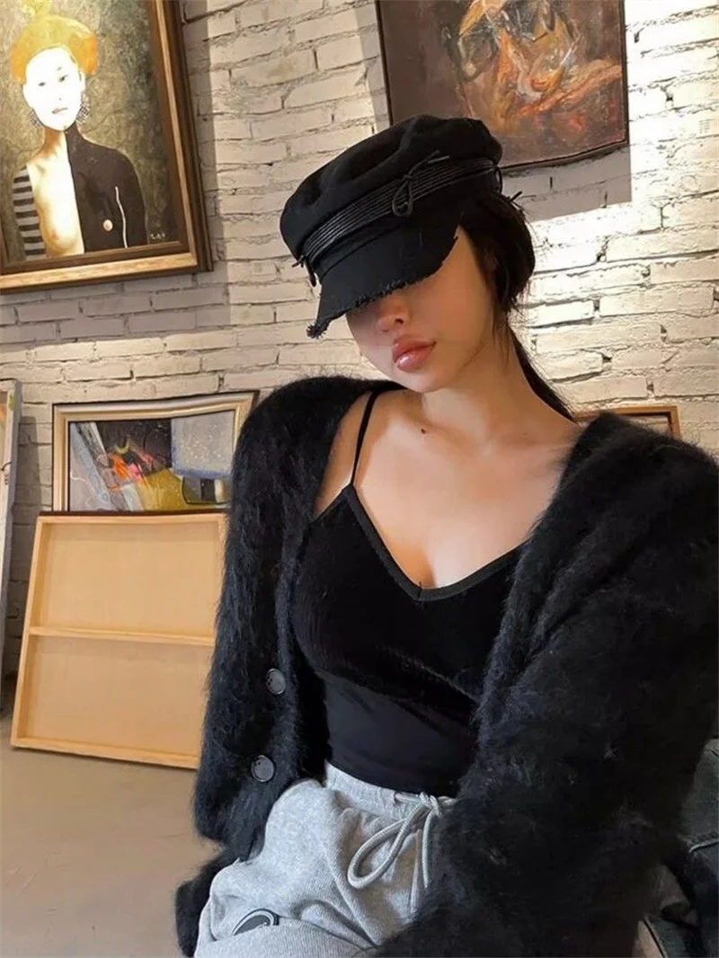 Autumn And Winter Korean Short Black Mink Fur Sweater Women\'s Lazy Style Knitted Cardigan Jacket Furry Top