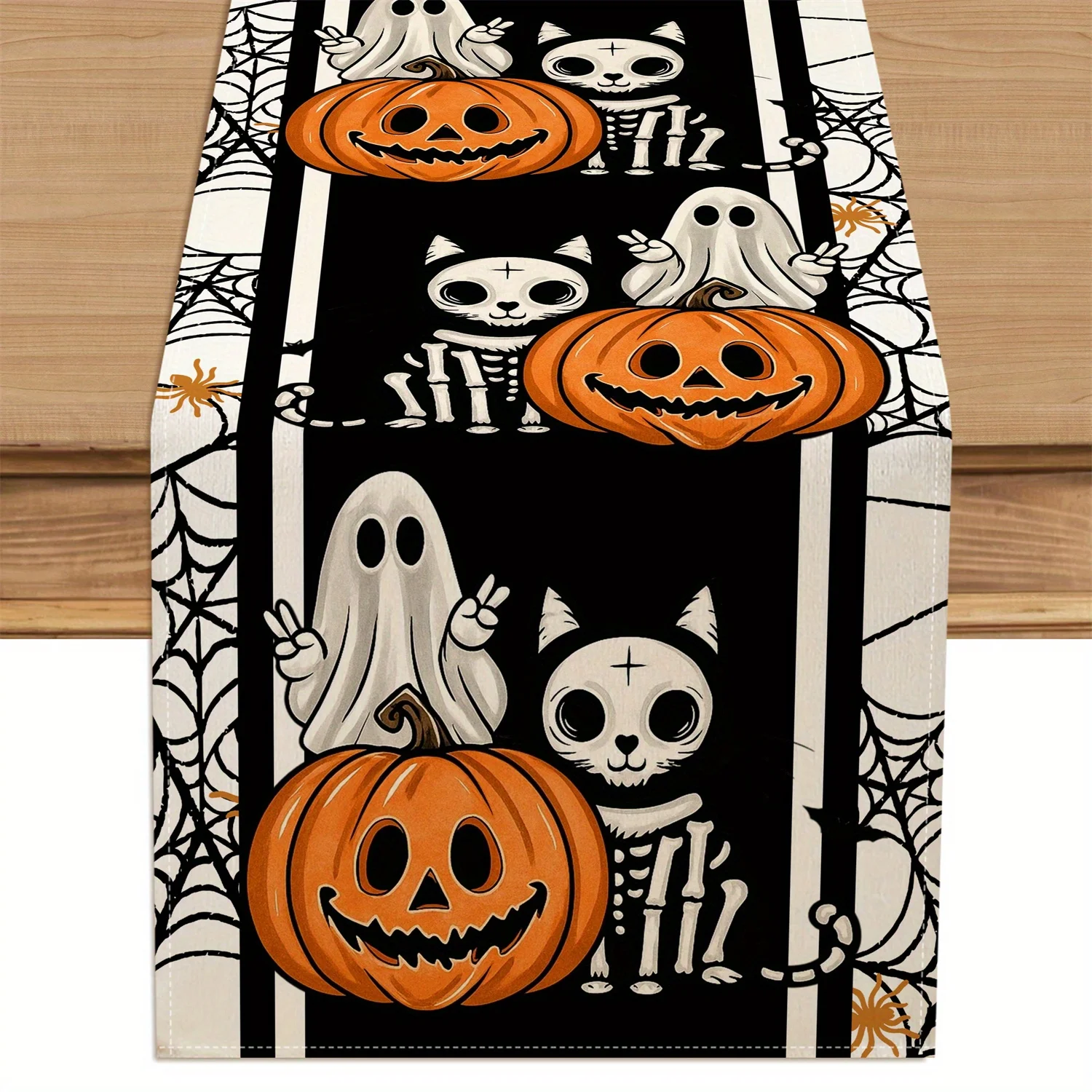 1pc Spider Web Pumpkin Light Yay Ghost Skeleton Cat Halloween Table Runner Farmhouse Decoration For Indoor Outdoor, Dining, Kitc