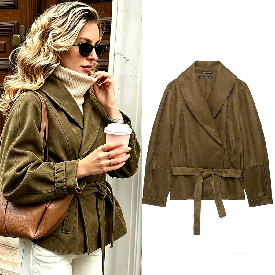 Women Faux Suede Cropped Jacket Camel Shawl Collar Wrap Belted Long Sleeve Raglan Self Slim Fit Elegant Old Money Outerwear Fall
