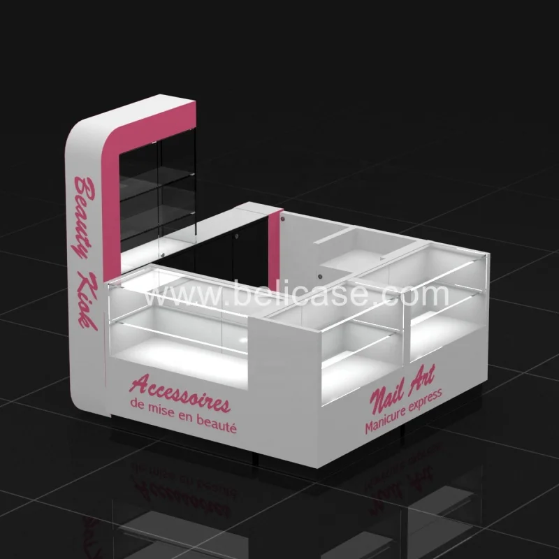 Custom, custom size cosmetics kiosk with LED light modern perfume kiosk stand for mall kiosk for perfume