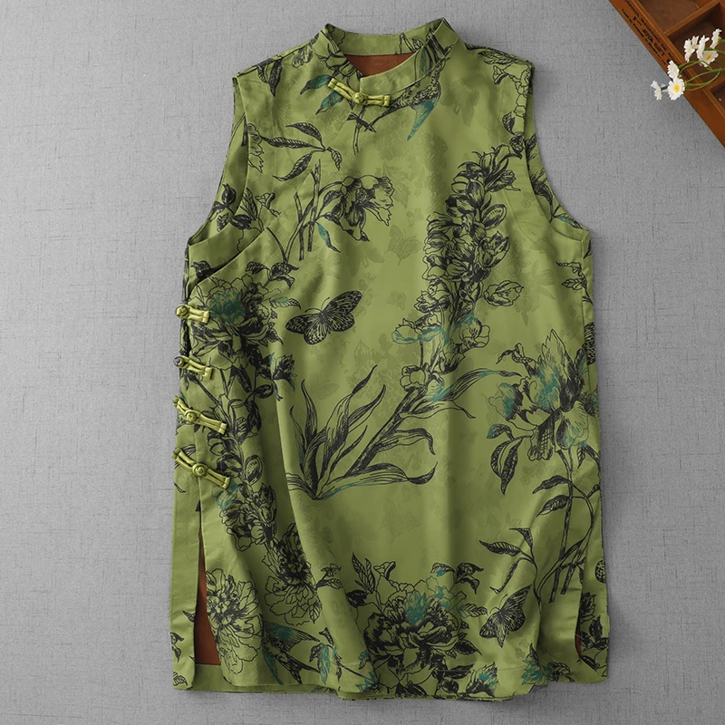 

Summer New Green Casual Office Lady Vest Chinese Style Fashion Frog Button Split Long Blouse Women Floral Print Sleeveless Tops