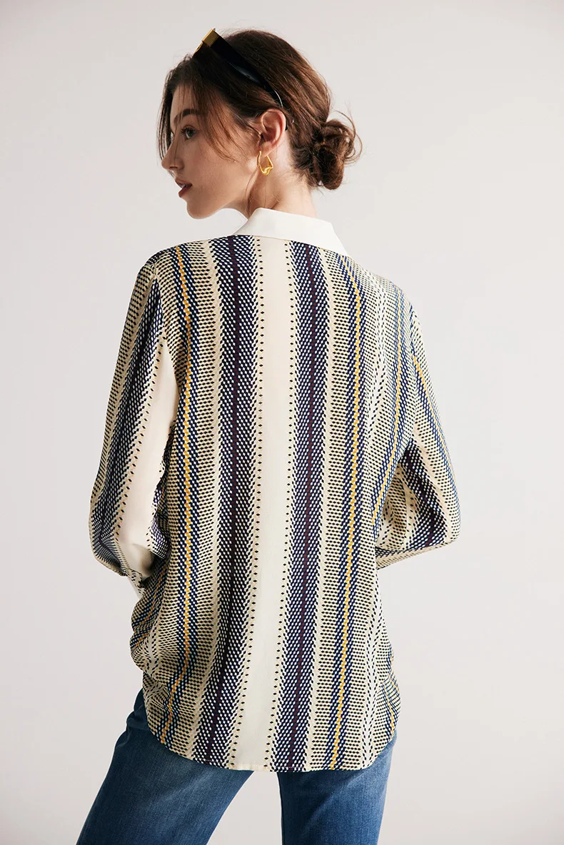 100% Natural Silk Women's Shirt Turn Down Collar Long Sleeves Printed Elegant Fashion Blouse Tops