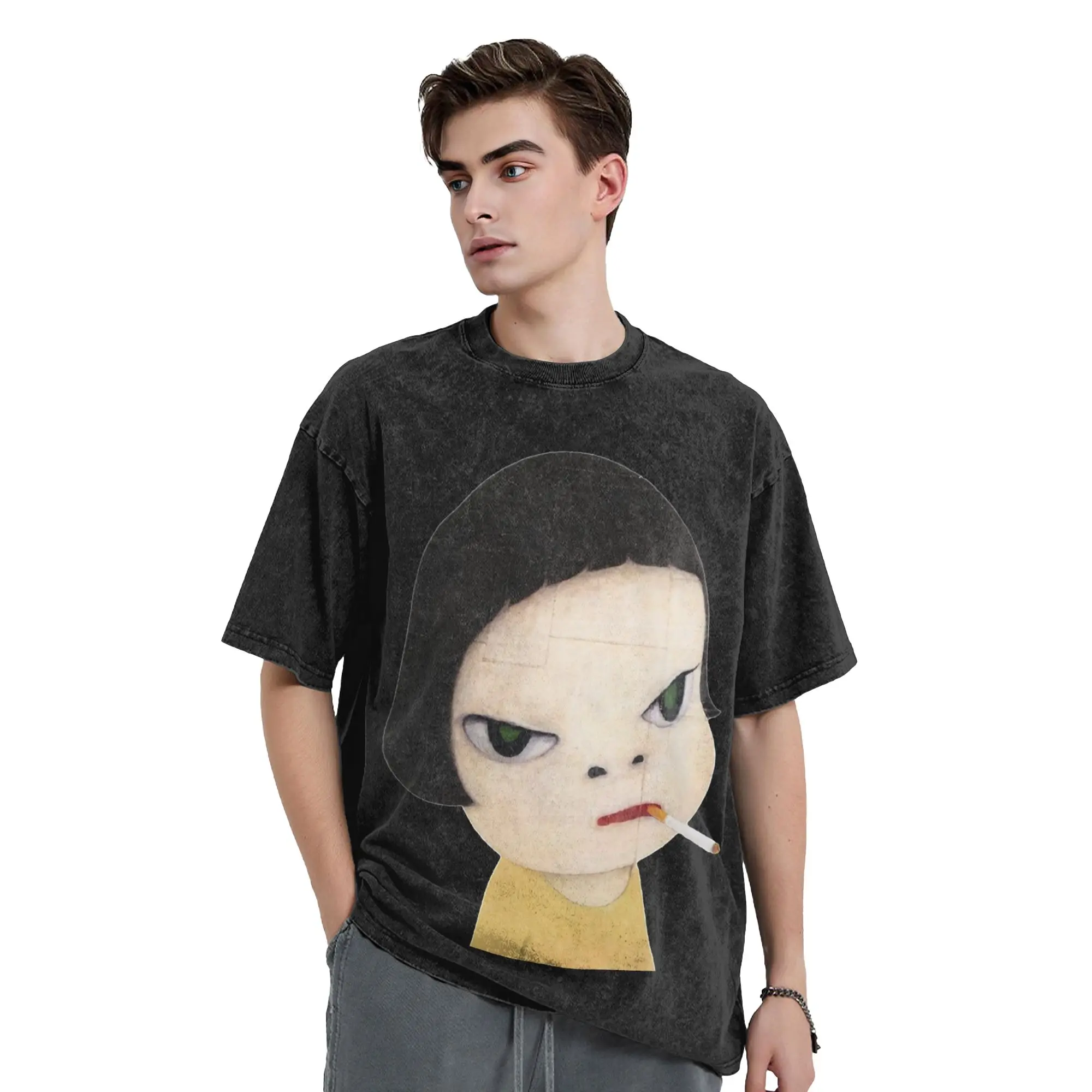 Yoshitomo Nara Men T Shirts Washed  Funny Tees Short Sleeve Crewneck T-Shirt Cotton Plus Size Tops