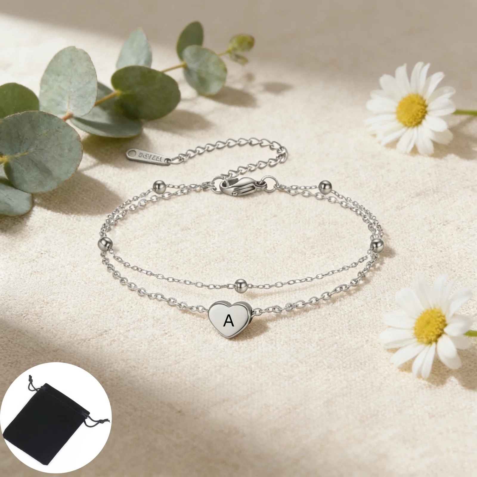 Customized Family Surname Letter Love Bracelet Stainless Steel Personalized Peach Heart Double Layer Bead Chain Gift
