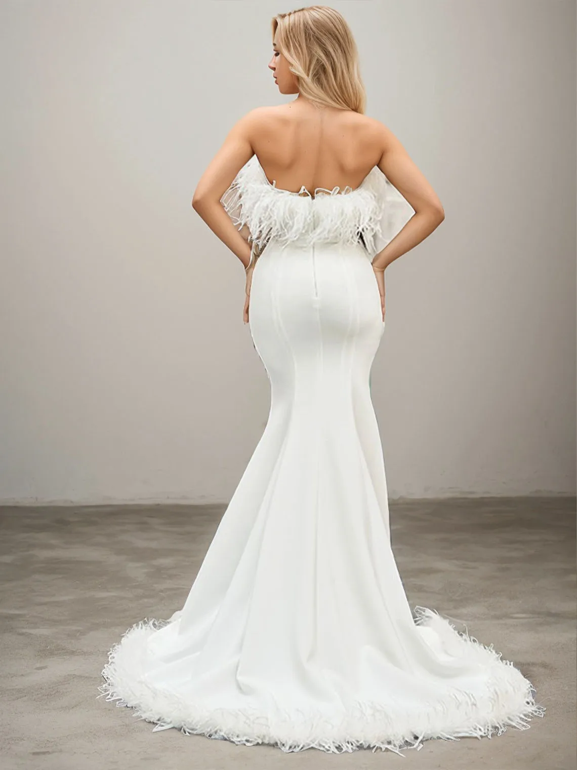 Modern Mermaid Wedding Dress Strapless Feather Embellishment Stretch Crepe Fabric Sweep Train Bridal Gown 2025 Free Customized