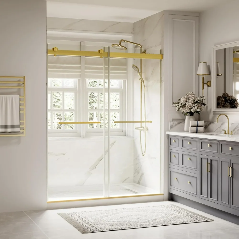 

Frameless Shower Door, 56-60" W x 74" H Double Sliding Shower Door with 5/16" (8mm) Brushed Gold Finish Shower Doors