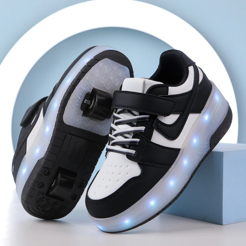 LED Parkour Sneakers Kids Adults Walking in Circles Lighted Morphing Roller Skates Roller Skates with 4 Wheel Morphing Parkour