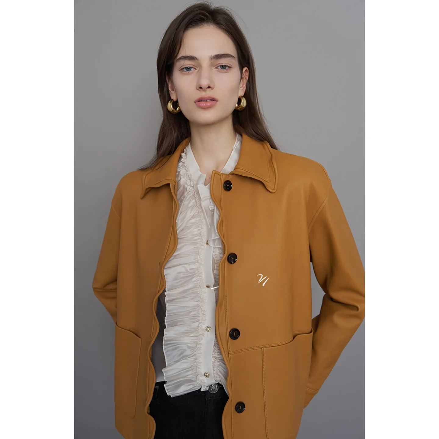 QPP 通勤スタイルフェイクレザージャケットフリル襟スリミングデザインレディースファッションシングルピース冬長袖コート