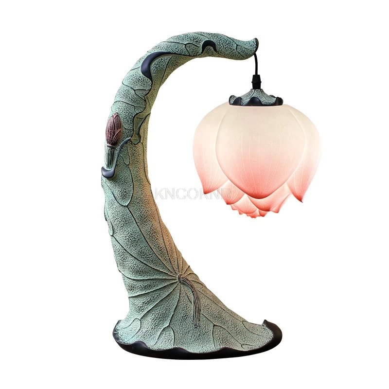 Lámpara de escritorio de estilo chino, lámpara de noche para dormitorio, decoración idílica Simple moderna, lámpara de mesa, arte con personalidad creativa, lámpara de loto