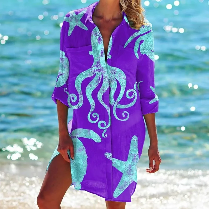 Summer new 3D seahorse and turtle printed shirt dress Beach sexy shirt jacket shirt long sleeved women\'s tank top dress