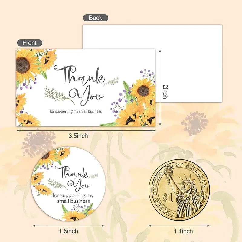 Etiqueta engomada redonda de dibujos animados de girasol, tarjeta de felicitación de comercial rectangular, tarjeta de agradecimiento, regalo de papel, pegatina decorativa para fiesta de niños