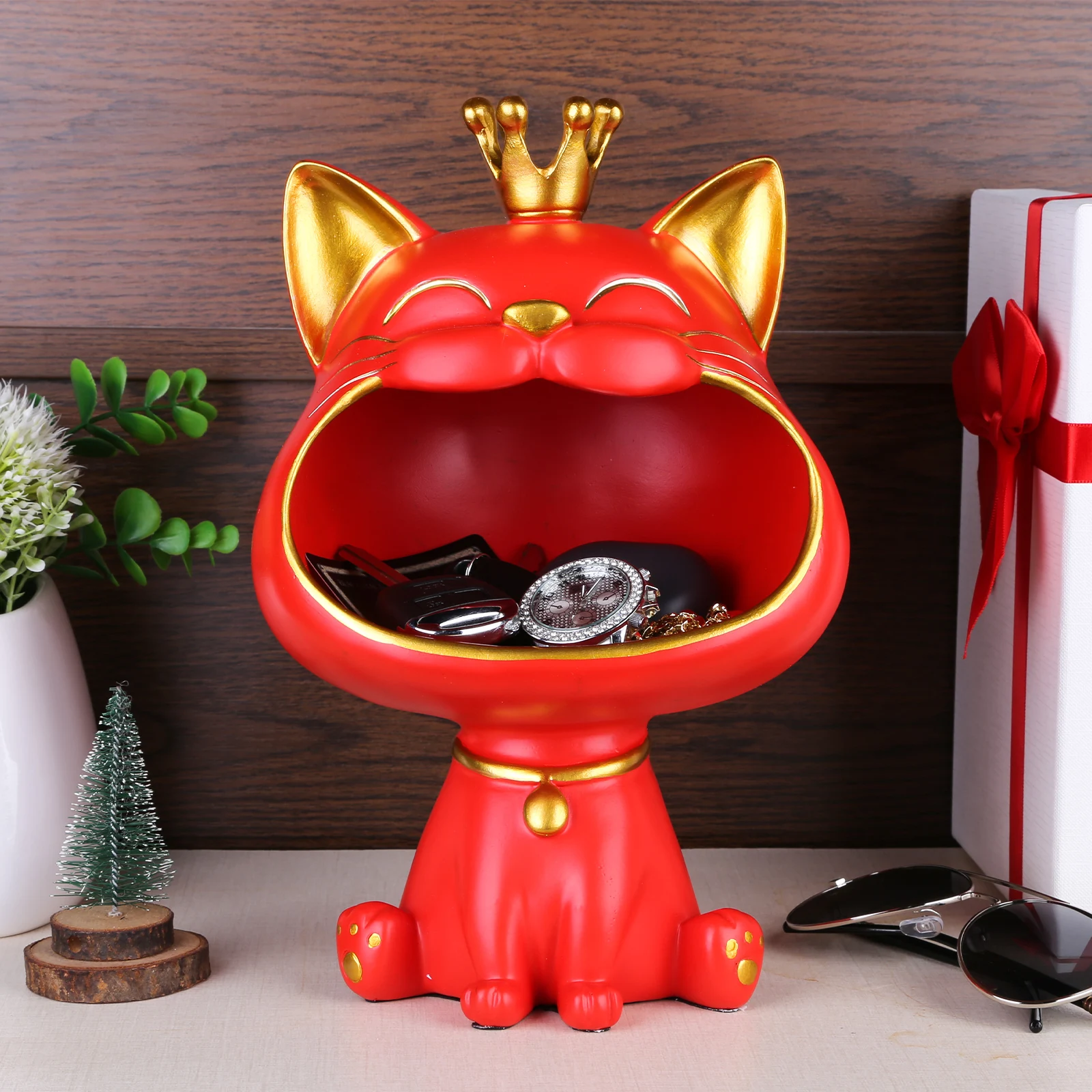 Statue de chat porte-bonheur en résine, décoration, grosses boces, boîte à clés créative pour chat riant, boîte de rangement de bureau mignonne