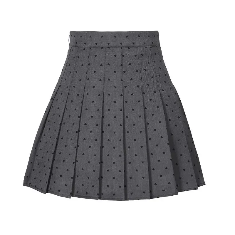 Women Heart Print High Waist Pleated Mini Skirt Lined Anti Exposure Suit Fabric Preppy Skirt S-XL