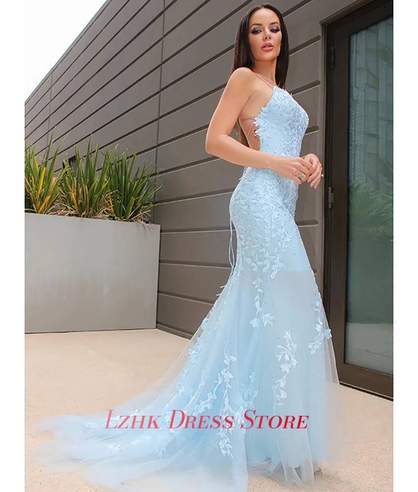 Personalizado sexy organza sereia cintas de espaguete apliques vestido de noite de cristal delicado sem mangas vestidos de ocasião sob medida