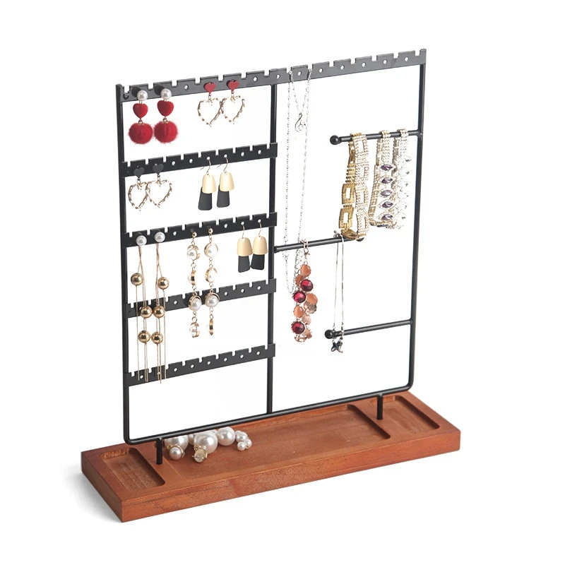 5-Tier Earring Holder With Wooden Tray,Jewelry Organizer Holder For Earrings Necklaces Bracelets Watches And Rings