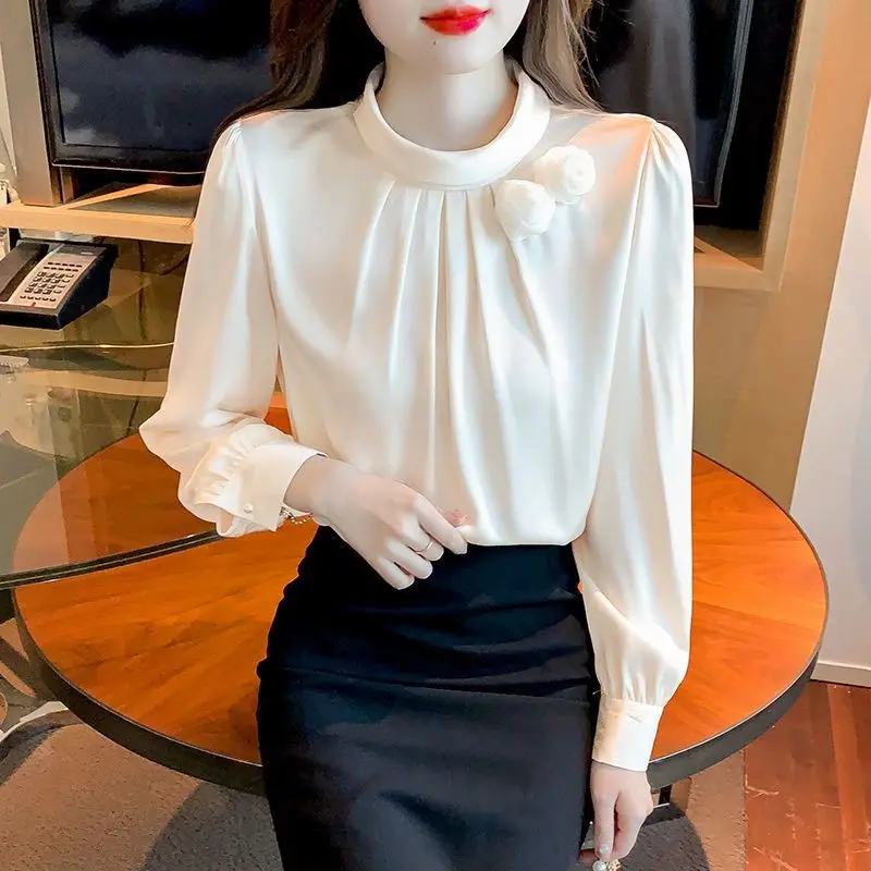 Elegant Solid Color Spliced Flowers Folds Blouse Women Clothing 2022 Autumn New Loose Casual Pullovers Fashion Office Lady Shirt