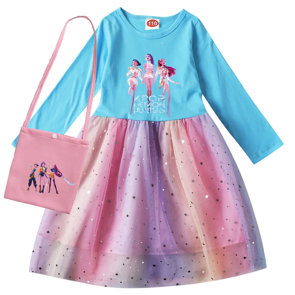 KPop شيطان الصيادين الاطفال ملابس طويلة الأكمام فساتين الفتاة القطن قوس قزح موضة كاملة في سن المراهقة الملابس ملابس للحفلات 3-12Y