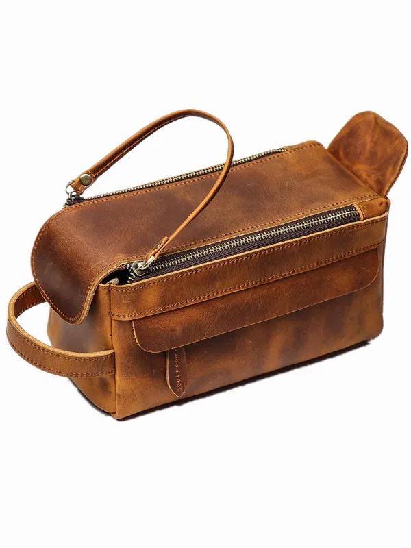 Multifunctional Genuine Leather Makeup Bag for Women Large Capacity Toiletry Storage Bag Retro Cowhide Handbag Hand Carry