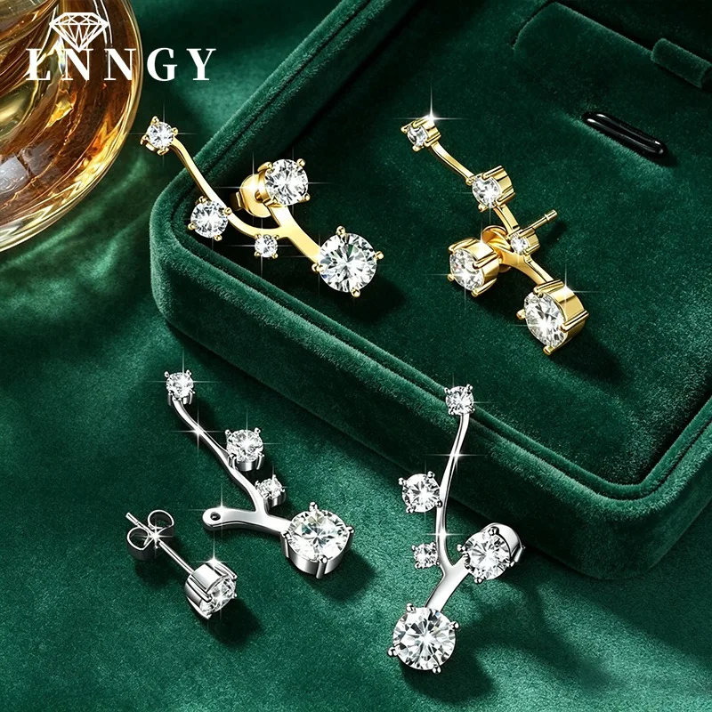 Lnngy Sparling Five-Stone Moissanite Climber Earring For Women Korean INS Branch Shape Stud Earrings Daily Jewelry Gift