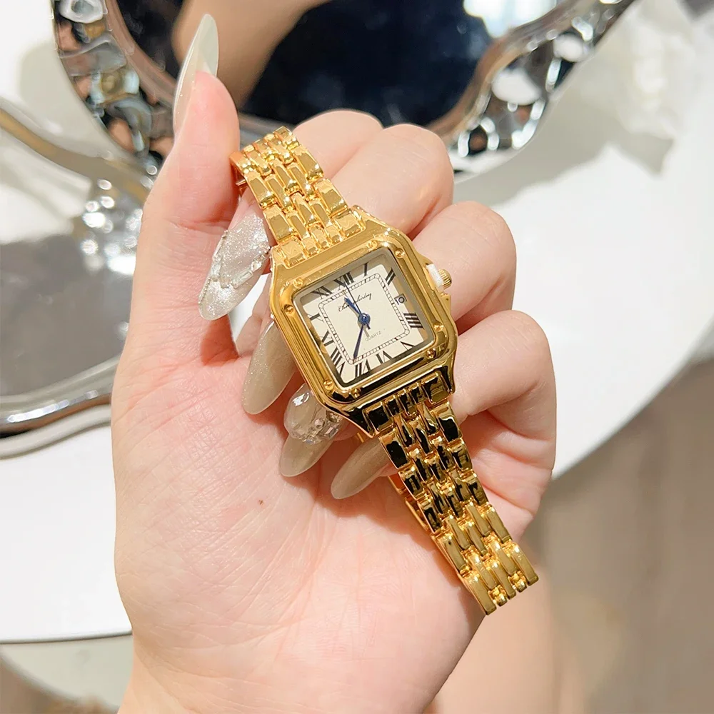 Luxe Dames Mode Quartz Horloge Eenvoudige Schaal Vierkante Kwaliteit Vergulde Vrouwen Horloges Zakelijke Roestvrijstalen Vouwklok