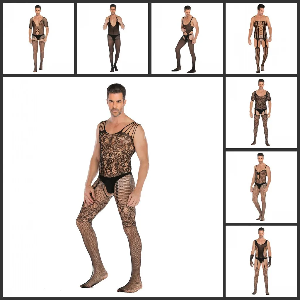 Men Sexy Crotchless Erotic Lingerie Porn Fishnet Mesh Bodysuit Gay Stretch Open Crotch Porn Teddy Hollow Out Bodystocking Fetish