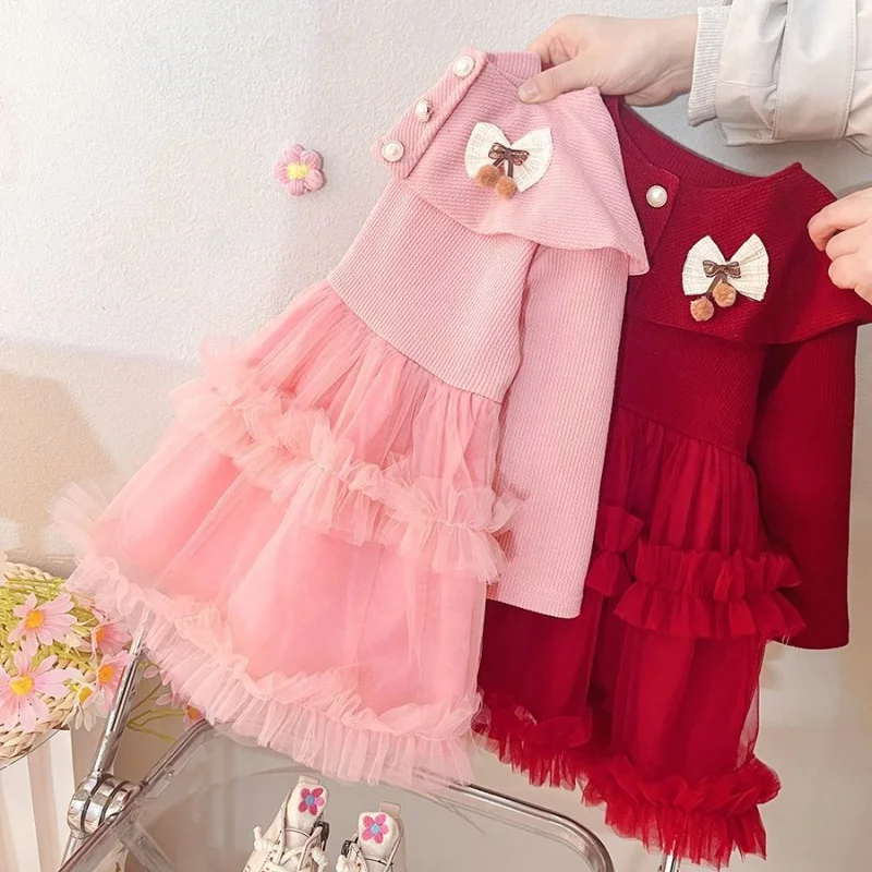 Baby Girl Clothes Spring And Autumn Bow Mesh Long Sleeve Girl Dress Cute Girl Princess Dress 3