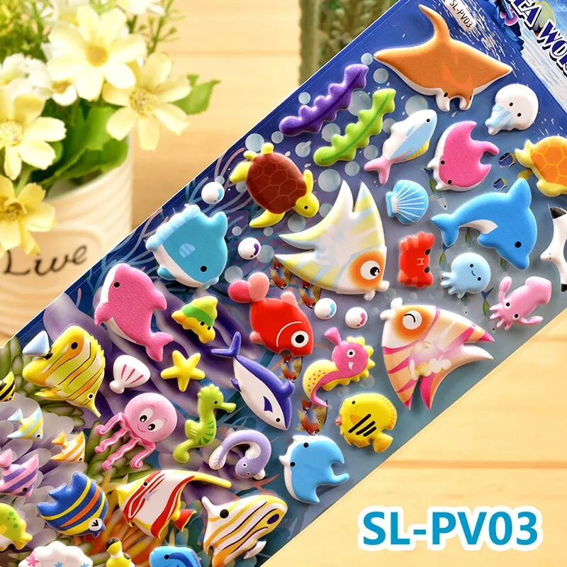 1Sheet Kids 3D Cartoon Sea Animal Scrapbooking Stickers Puffy Bulk Stickers for Girl Boy Birthday Gift Scrapbooking Random Style