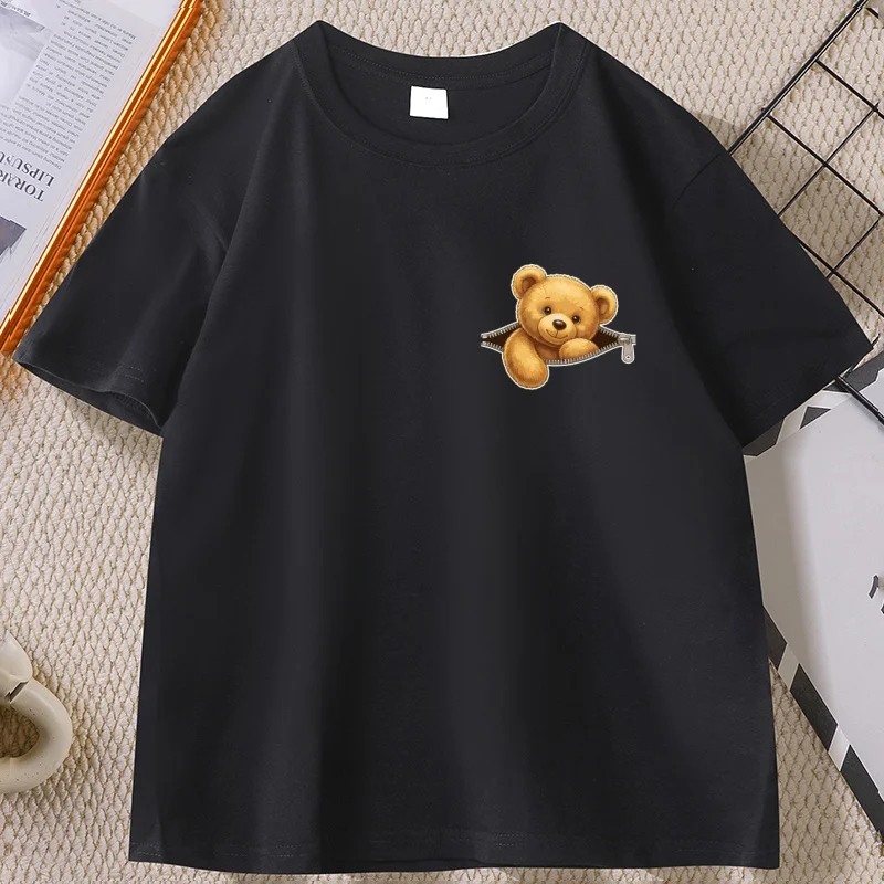 Teddy Bear Peeking Out Zipper T-Shirt Funny Cute Animal Graphic Tee Kawaii Stuffed Bear Pocket Print Tshirts Men Women Clothes