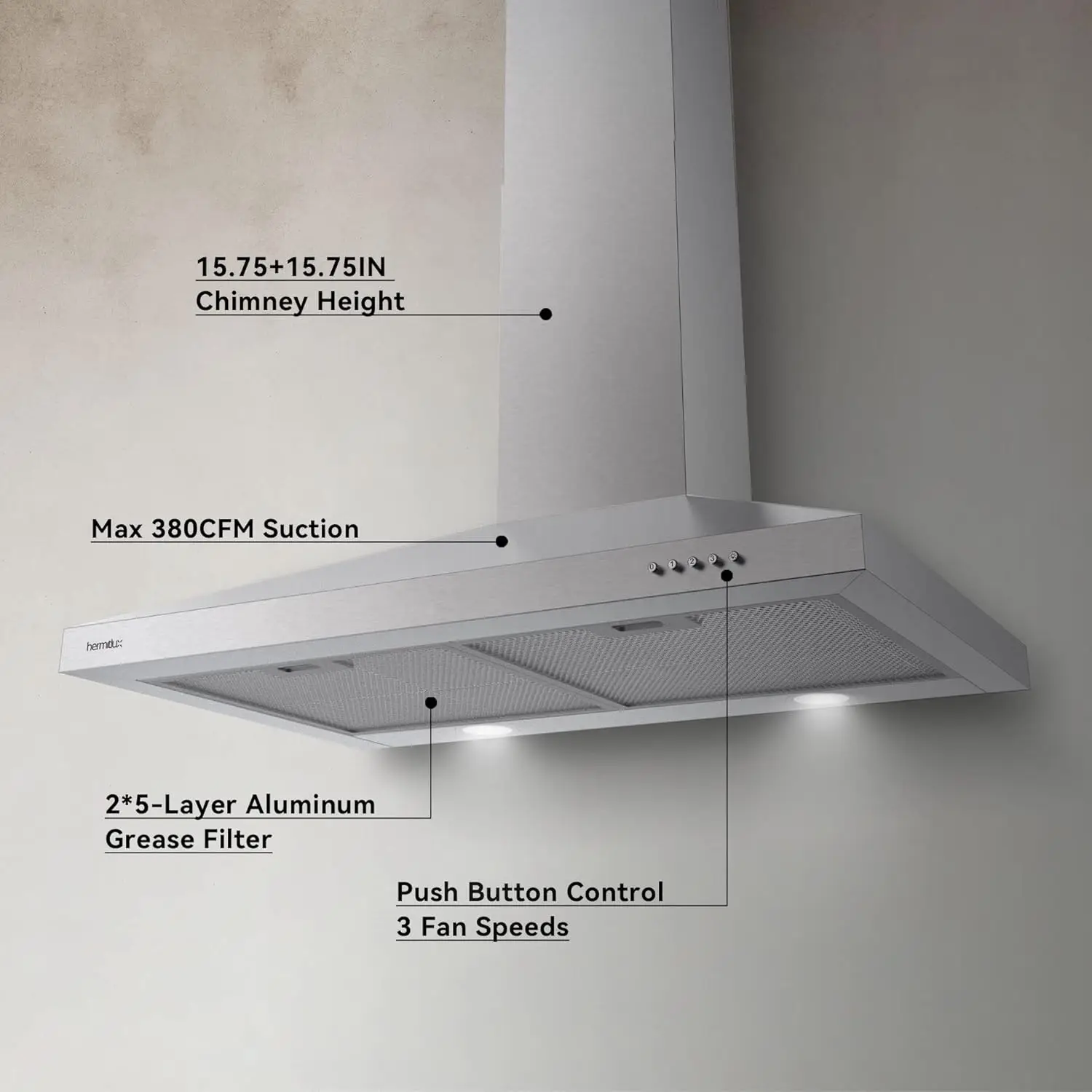 Aço inoxidável Wall Mount Vent Hood, Cozinha Hood com filtro de carvão vegetal, 30 polegadas, condutas e ventilação